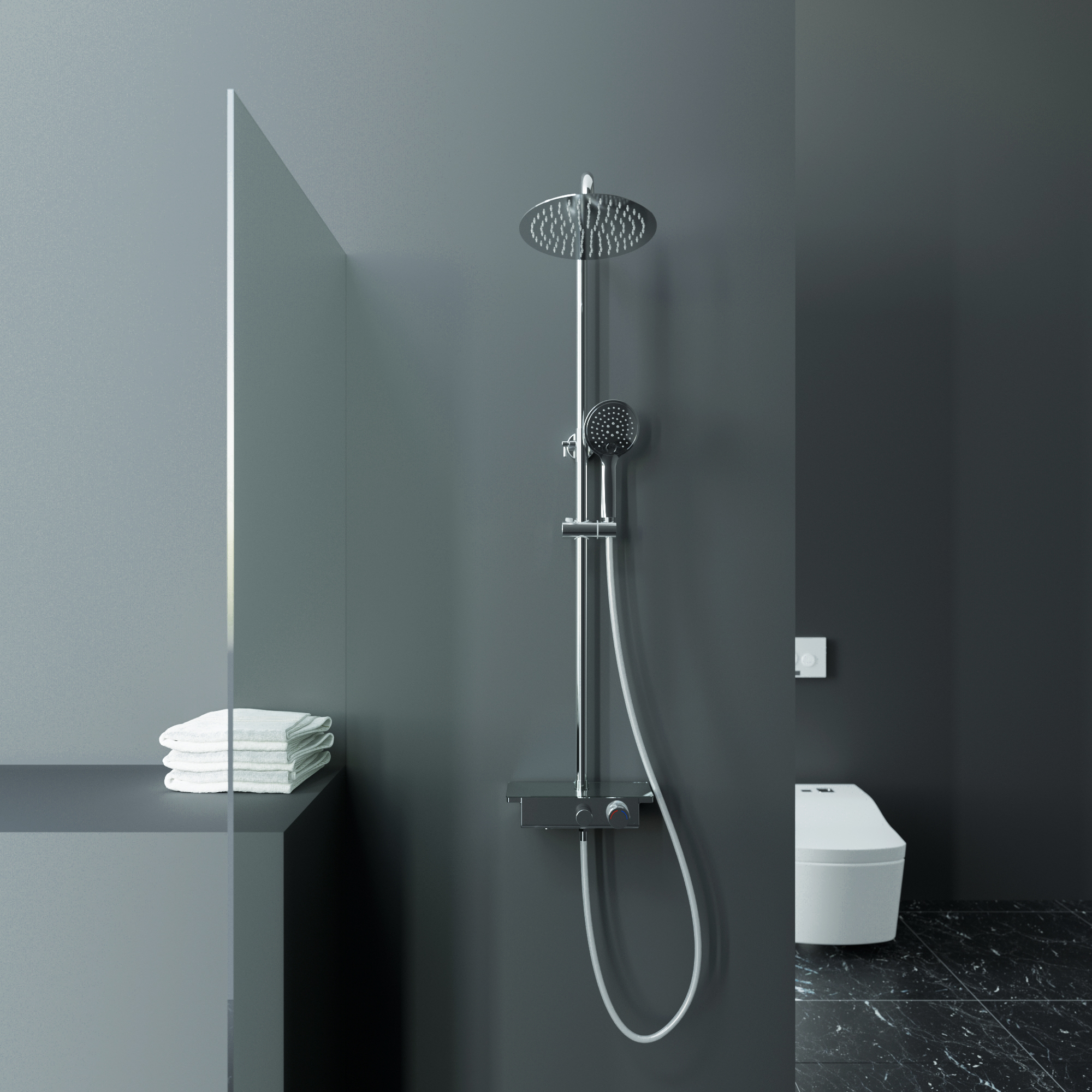 Duschsystem Thermostat Regendusche Duschset mit Ablage Rund [TZBS_LYT