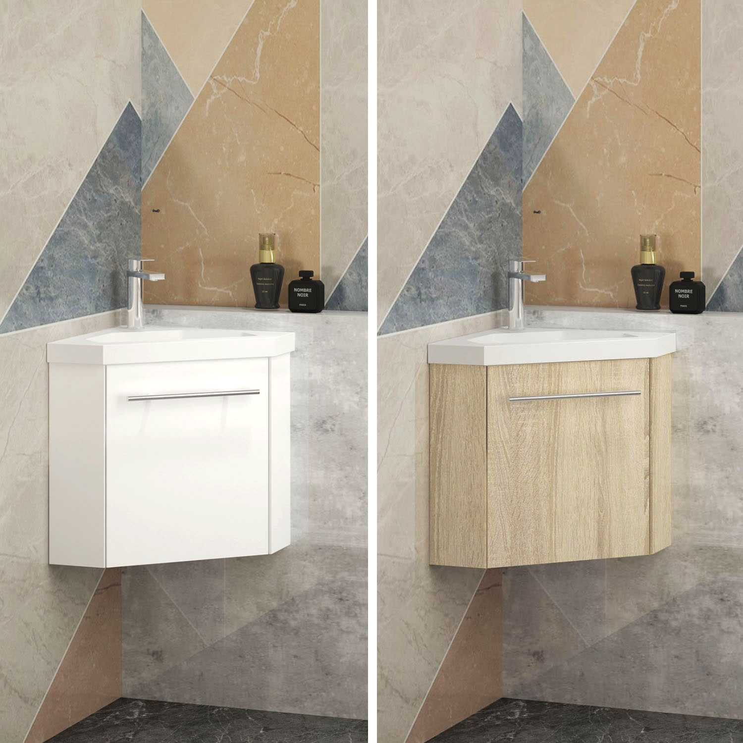 Eck-Badmöbel Set Weiß/Eiche Natur mit Waschbecken Badezimmermöbel