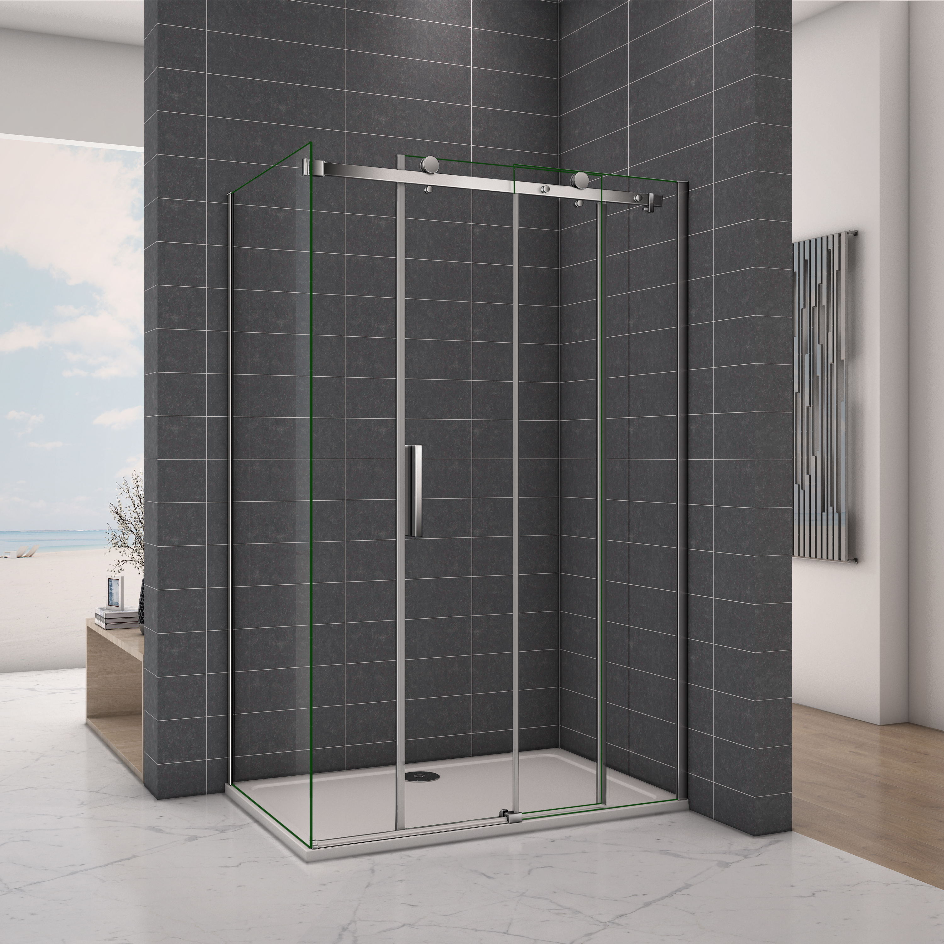 Frameless Sliding Shower Enclosure Glass Screen Door Panel+Tray Strong