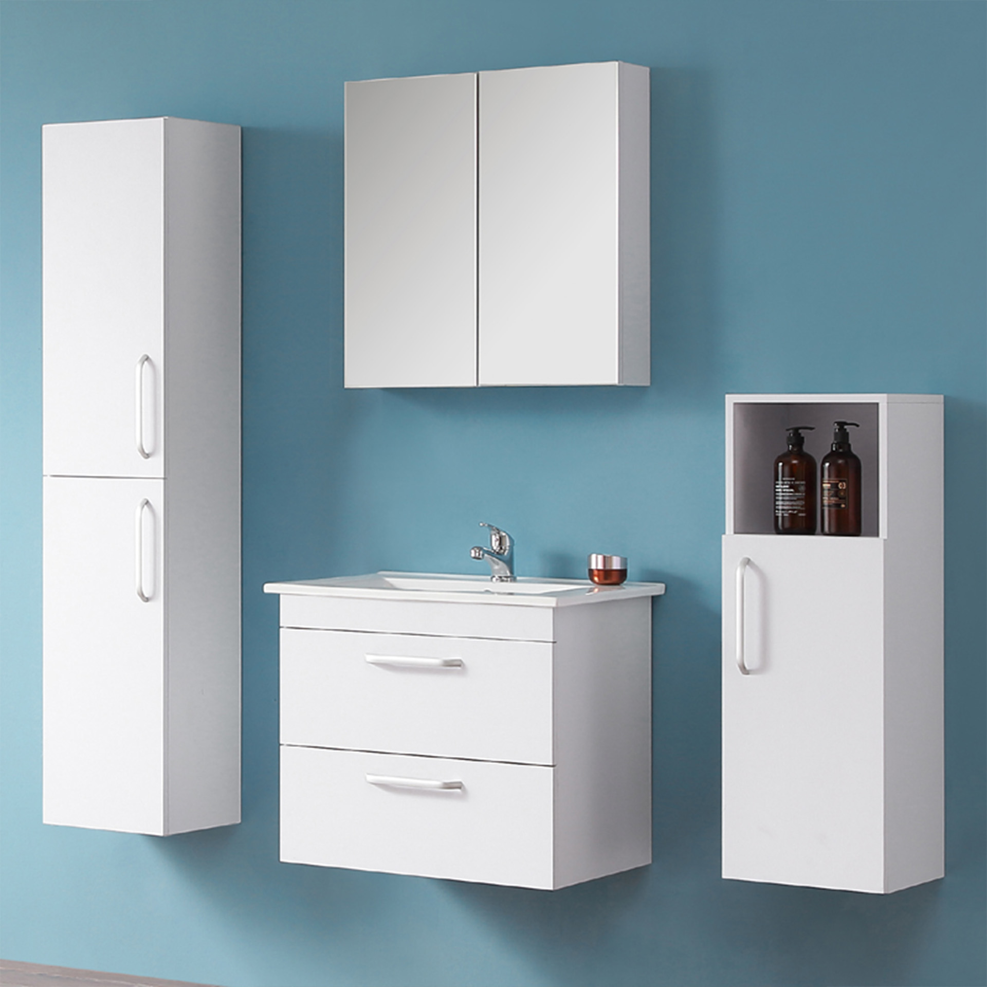 Badezimmer Möbel Set 60 cm LED Spiegel Hochschrank Midischrank